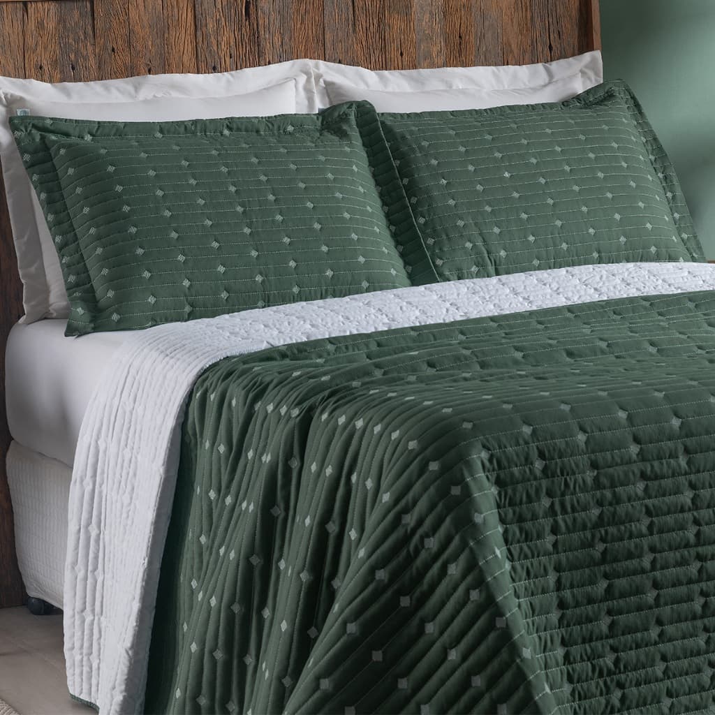 Kit Cobre Leito Casal Bordado Percal 200 Fios Dupla Face Verde Militar