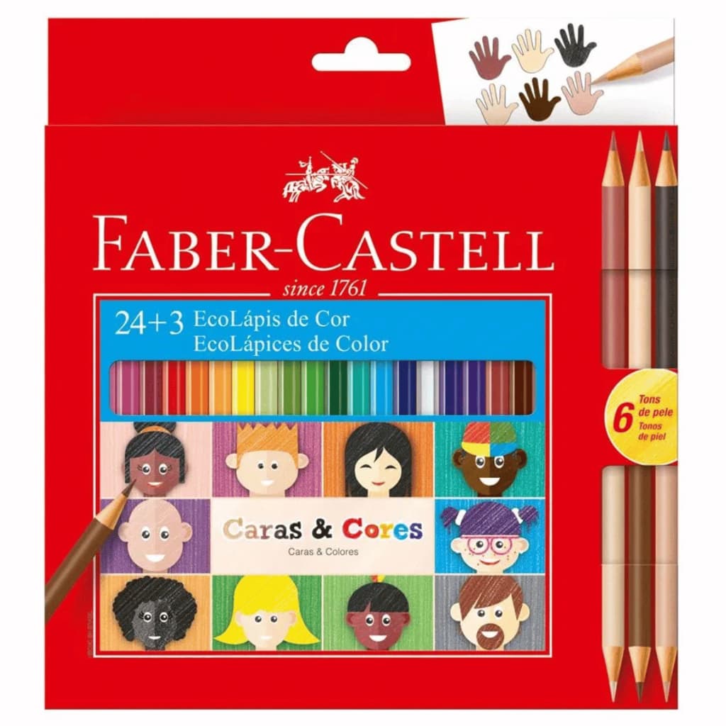 Lapis de Cor Ecolapis Lapis escolar Faber Castell Original Caras e cores 24 + 3 Tons de Pele