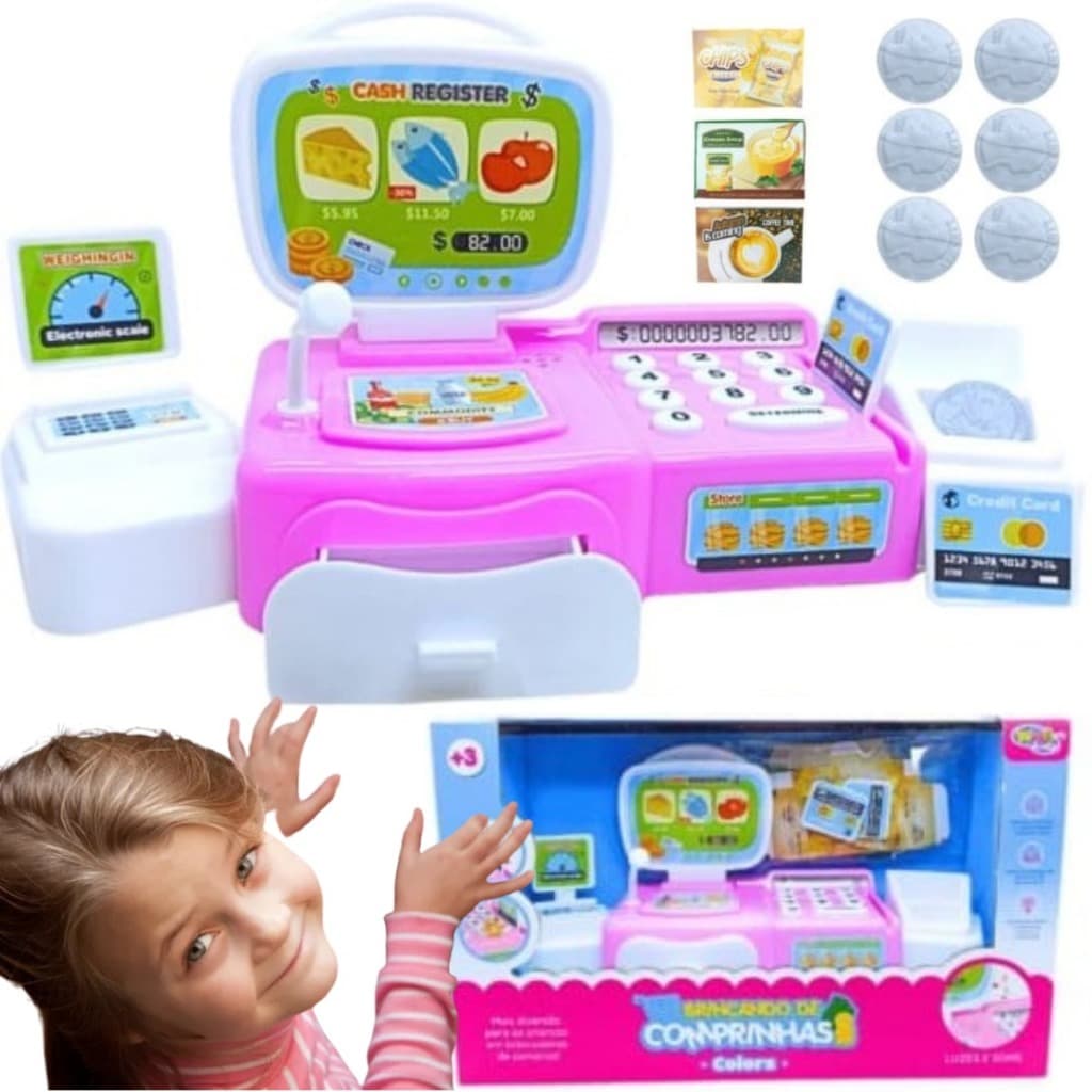 Brinquedo Caixa Registradora GAVETA E BALANÇA + MOEDAS + CAIXINHAS + CARTÃO MINI Luz Som EDUCATIVO