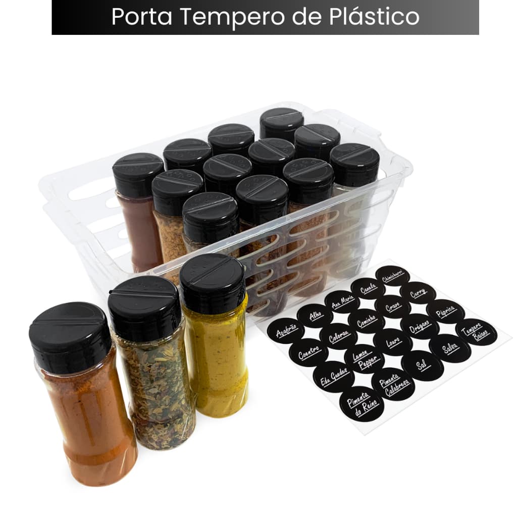 Porta Tempero de Plástico Versátil com 15 Potes Tempero 130ml Tampa Dosadora Dupla P/ Especiarias