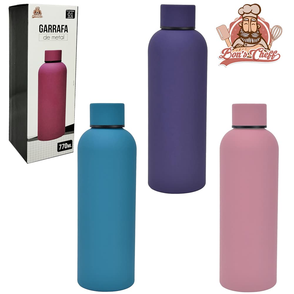 Garrafa Squeeze de Inox Emborrachado Colors Fosco Com Tampa 770ML