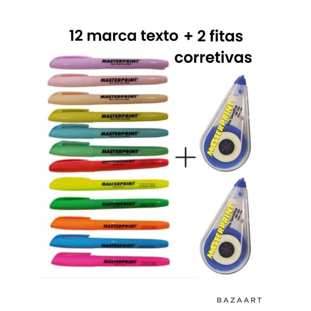 Kit 12 Canetas Marca Texto 6 Neon 6 Pastel + 2 fitas Corretivas Masterprint