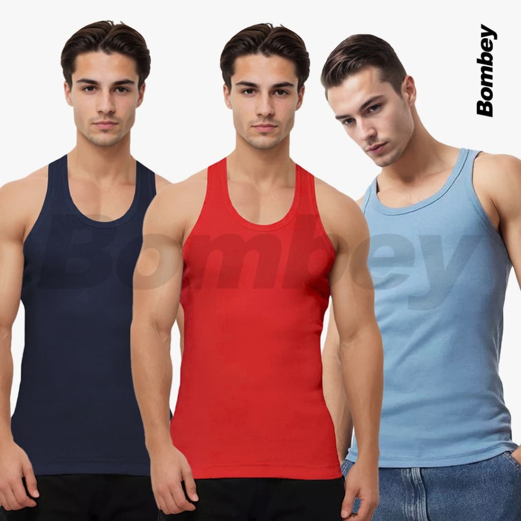 Kit 3 Regatas Masculina Tank Marinho + Vermelho + Cores Modelo Americano Ribana  Algodão e Elastano