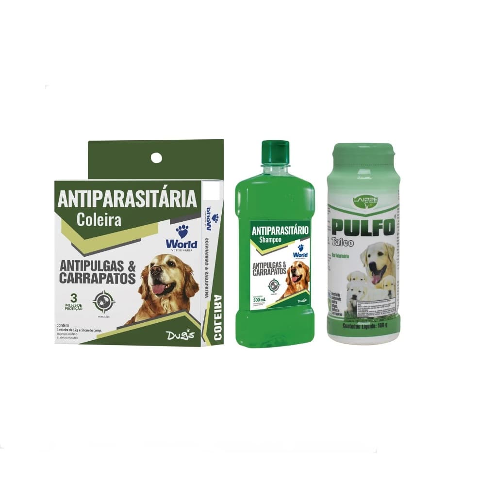Kit Antipulgas Carrapatos Para Caes Shampoo Dugs + Coleira Dugs + Pulfo Talco 100gr