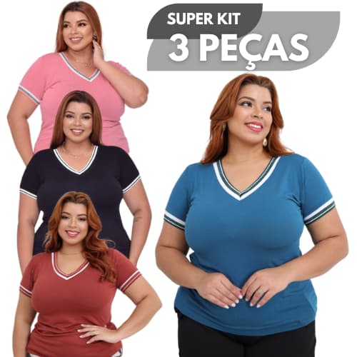 Kit 3 Blusas Feminino T-Shirt Básica Malha G e GG Plus 44/46/48 Detalhe Gola V Casual Confortável