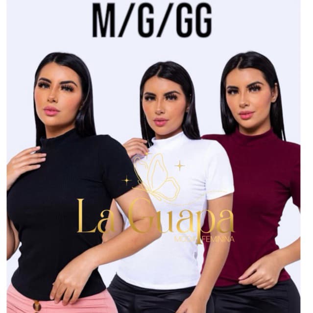 Kit 3 Blusa Canelada Gola Alta Manga Curta Moda Feminina