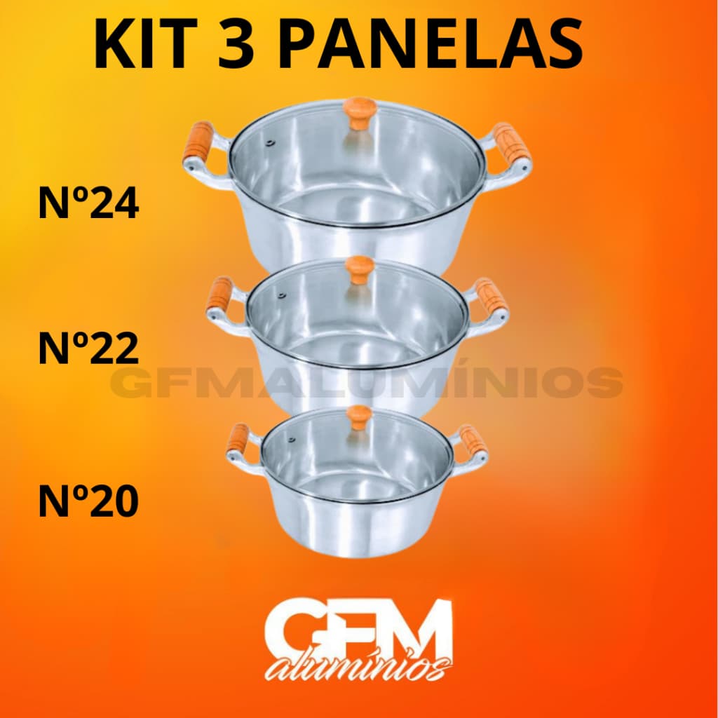Jogo 3 Panelas médias 20/22/24 Alumínio Batido Fundido Grosso com Tampas de Vidro. Kit de panelas  para sua cozinha