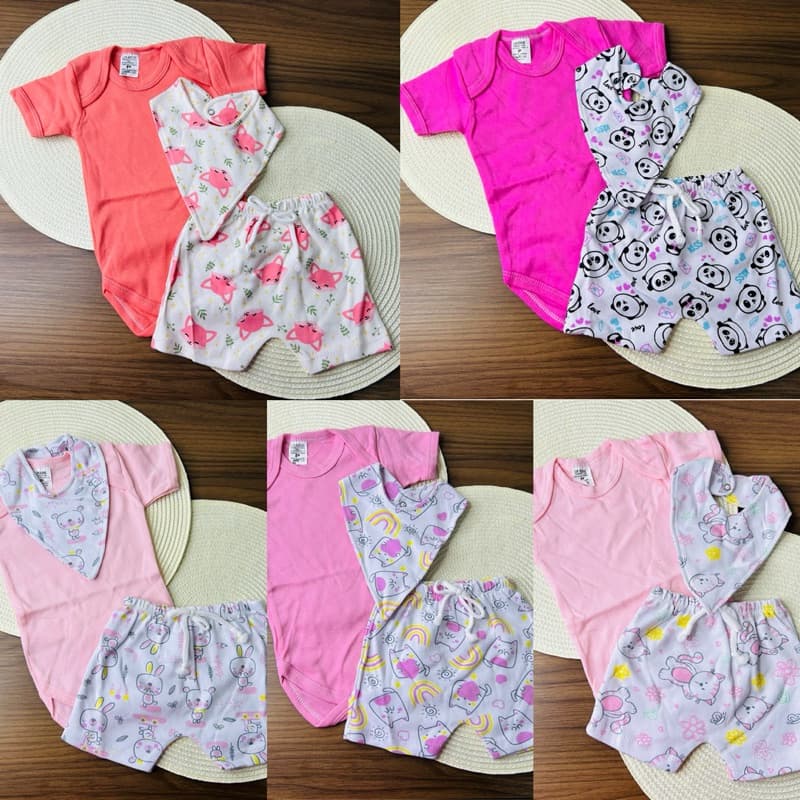 Conjunto menina bandana babador RN P M 1 body 1 short 1 bandana babador - roupa para bebê feminina