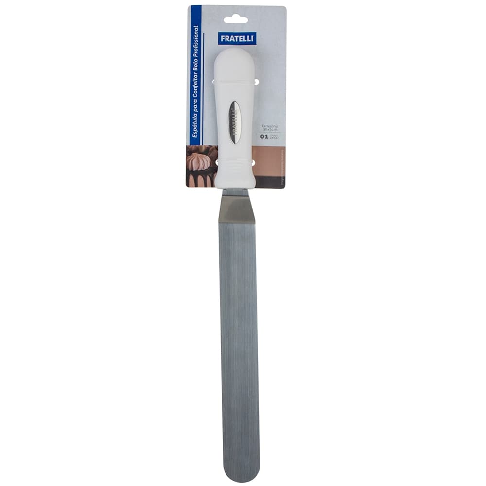 ESPATULA DE COZINHA / CONFEITEIRO DE INOX COM DEGRAU CABO PLASTICO BRANCO 36X3CM