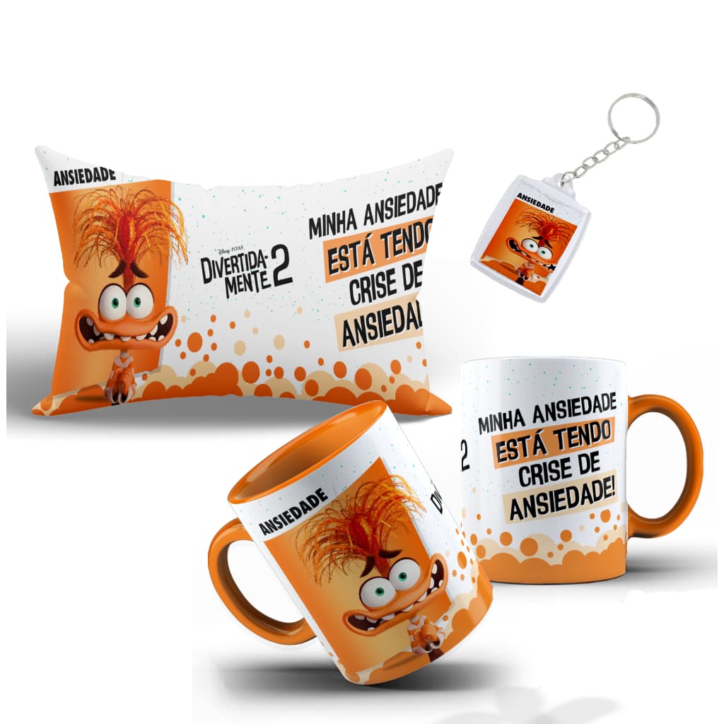 Kit Ansiedade Divertidamente com Caneca, Almofada e Chaveiro