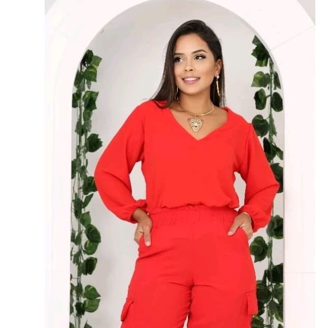 blusa  feminina gola v  manga liso elástico no punho
