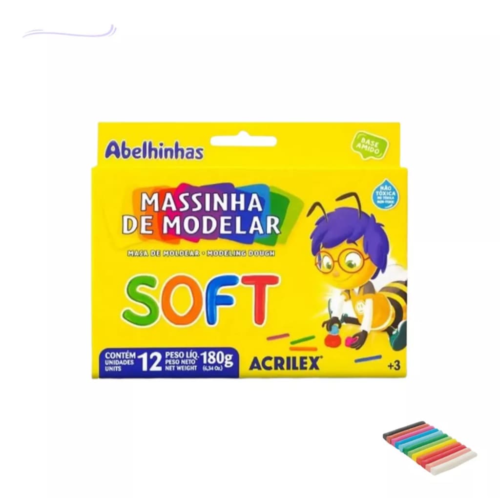 Massinha De Modelar Massa Escolar Acrilex 12 Cores Macia Soft 180g Criança Imaginação Colorida