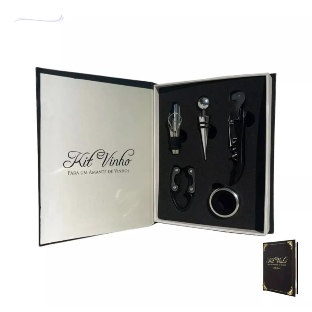 Kit Vinho 5 Peças Abridor Dosador Forma De Livro Saca Rolhas Tampa Presente Dia Pai Lembrancinha