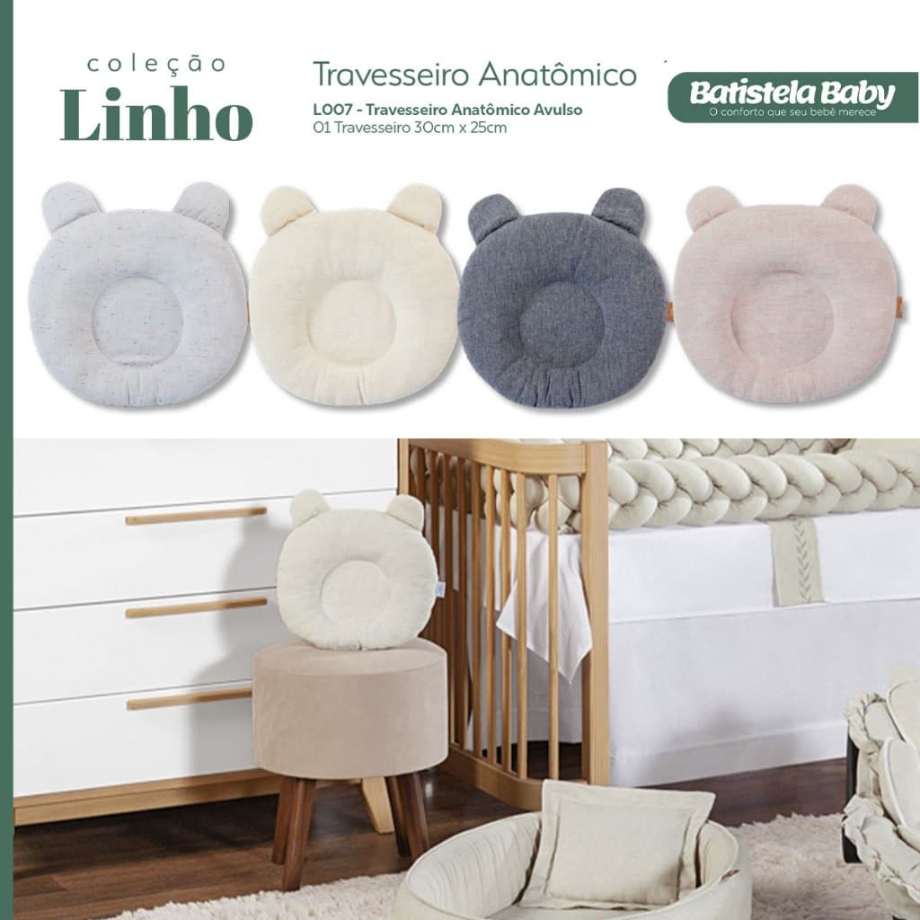Travesseiro Para Bebê Anatômico Linho 100% Algodão Jeans Rosê Bege Cinza Batistela Baby