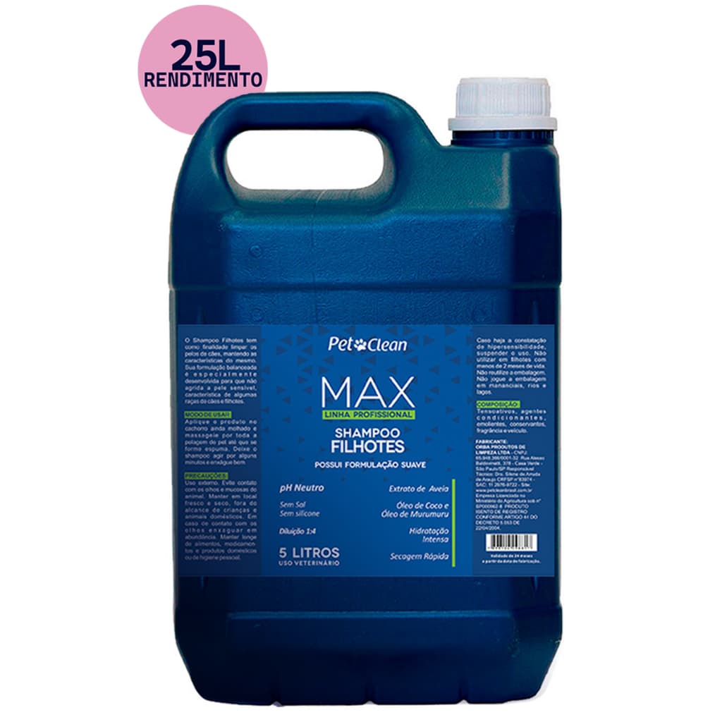 Shampoo Pet Shop Banho Cachorro e Gato Filhotes Linha Max Profissional 5 Litros Rende 25 Pet Clean