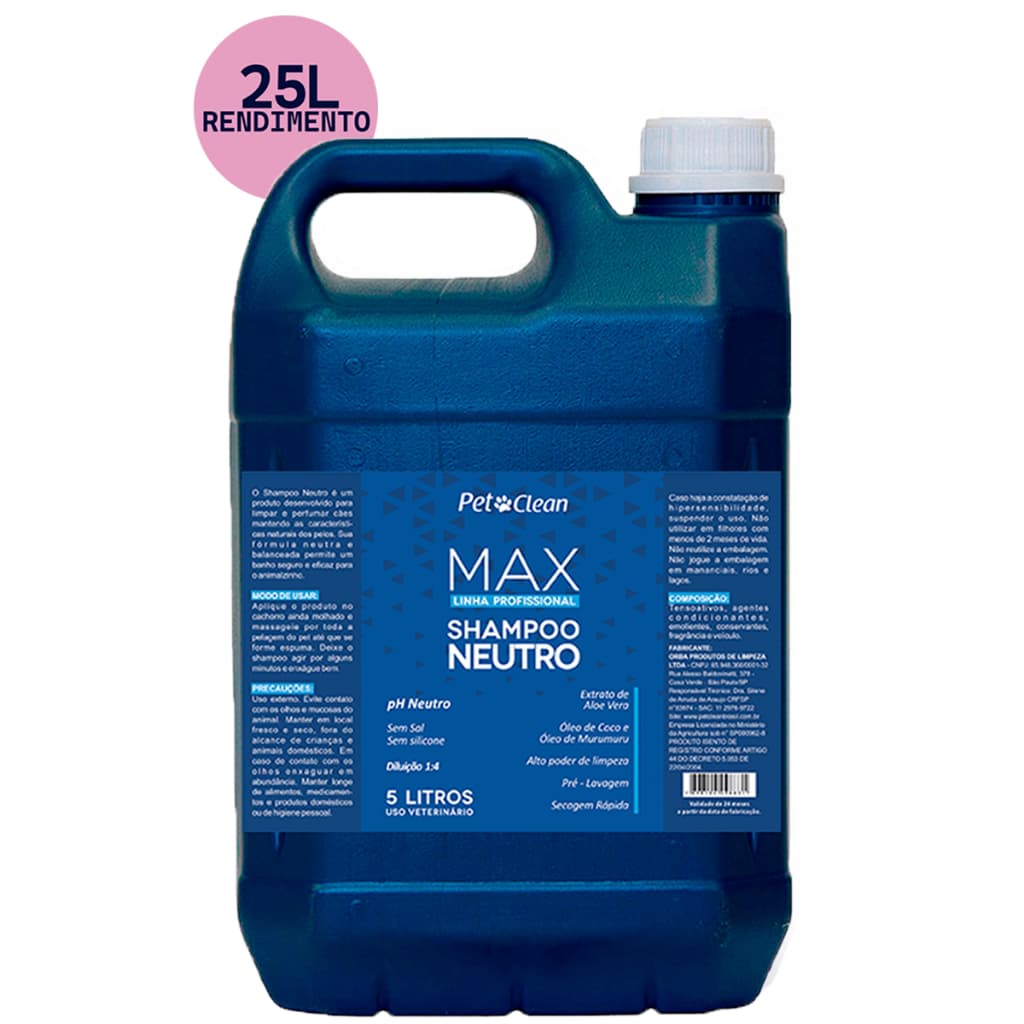 Shampoo Pet Shop Banho Cachorro e Gato Neutro Linha Max Profissional 5 Litros Rende 25 Pet Clean