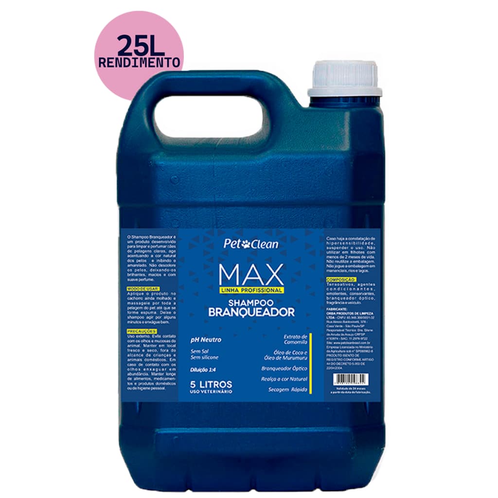 Shampoo Pet Shop Banho Cachorro Gato Branqueador Linha Max Profissional 5 Litros Rende 25 Pet Clean