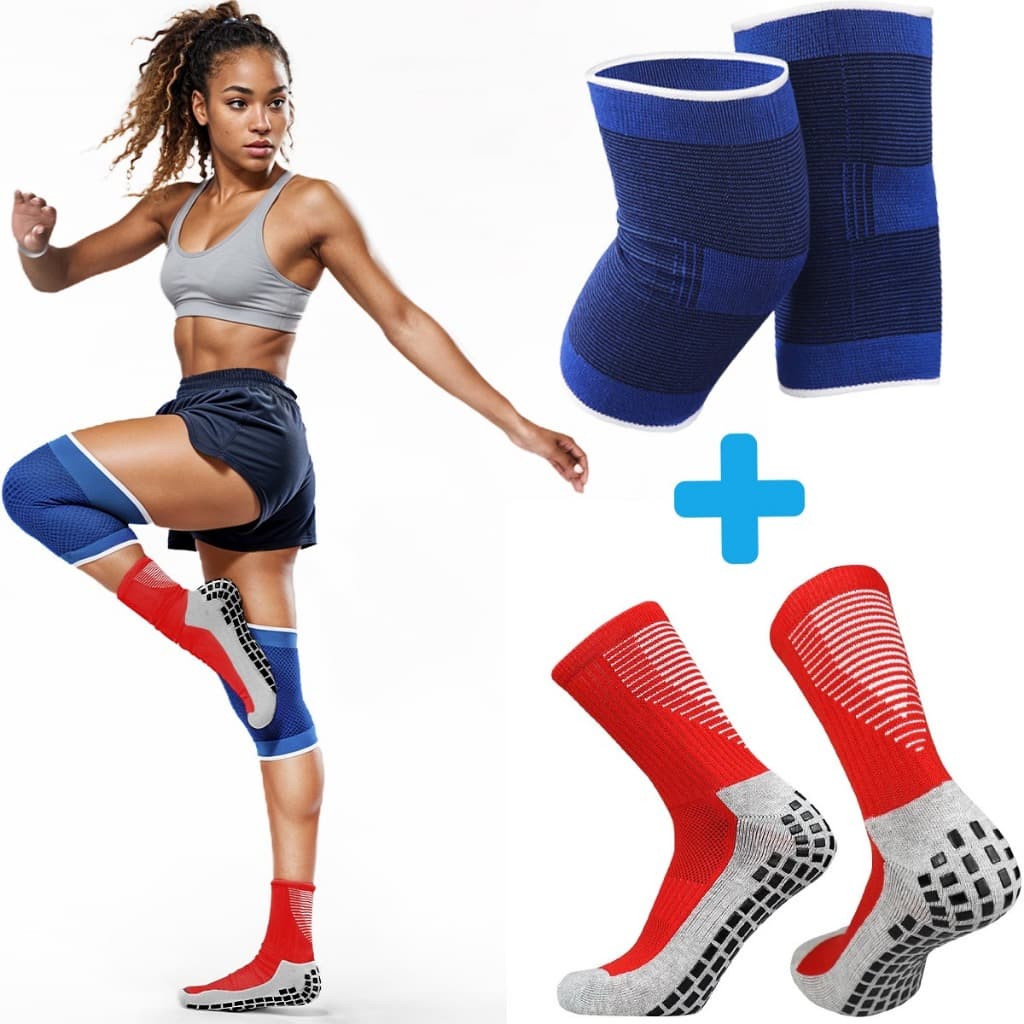 Kit Meia Antiderrapante Esporte + Joelheira Compressão Ortopédica Elástica Ajustável Saúde Alívio