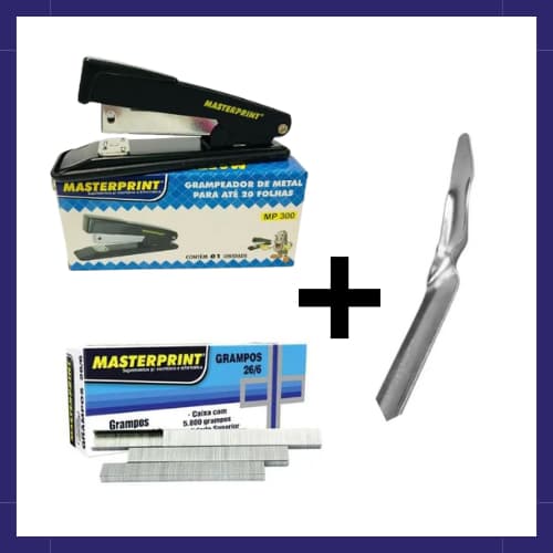 Grampeador Com Caixa 5.000 Grampos 26/6 + Extrator de Grampos Espátula Escritório MASTERPRINT