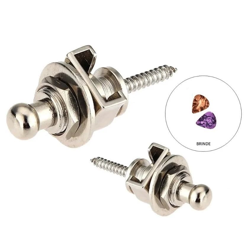 Strap Lock Trava Correia Talabarte Par 2 Peças Guitarra Violão Contra Baixo Cromado + Palhetas