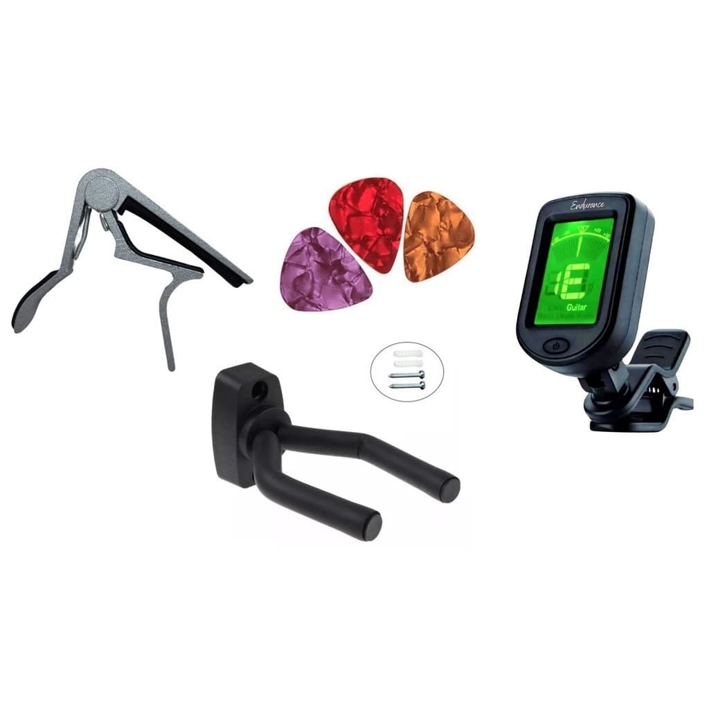Kit Afinador Clip, Capotraste,Suporte parede Violão e 3 palhetas Brinde