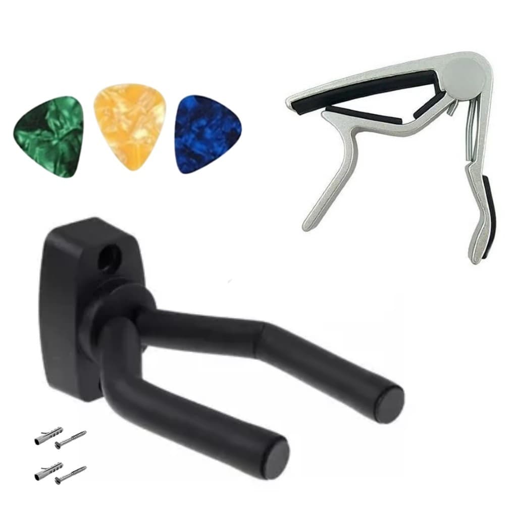 Suporte Parede Emborrachado Instrumentos Violão Ukulele + 3 Palhetas+ Capotraste Prata VL