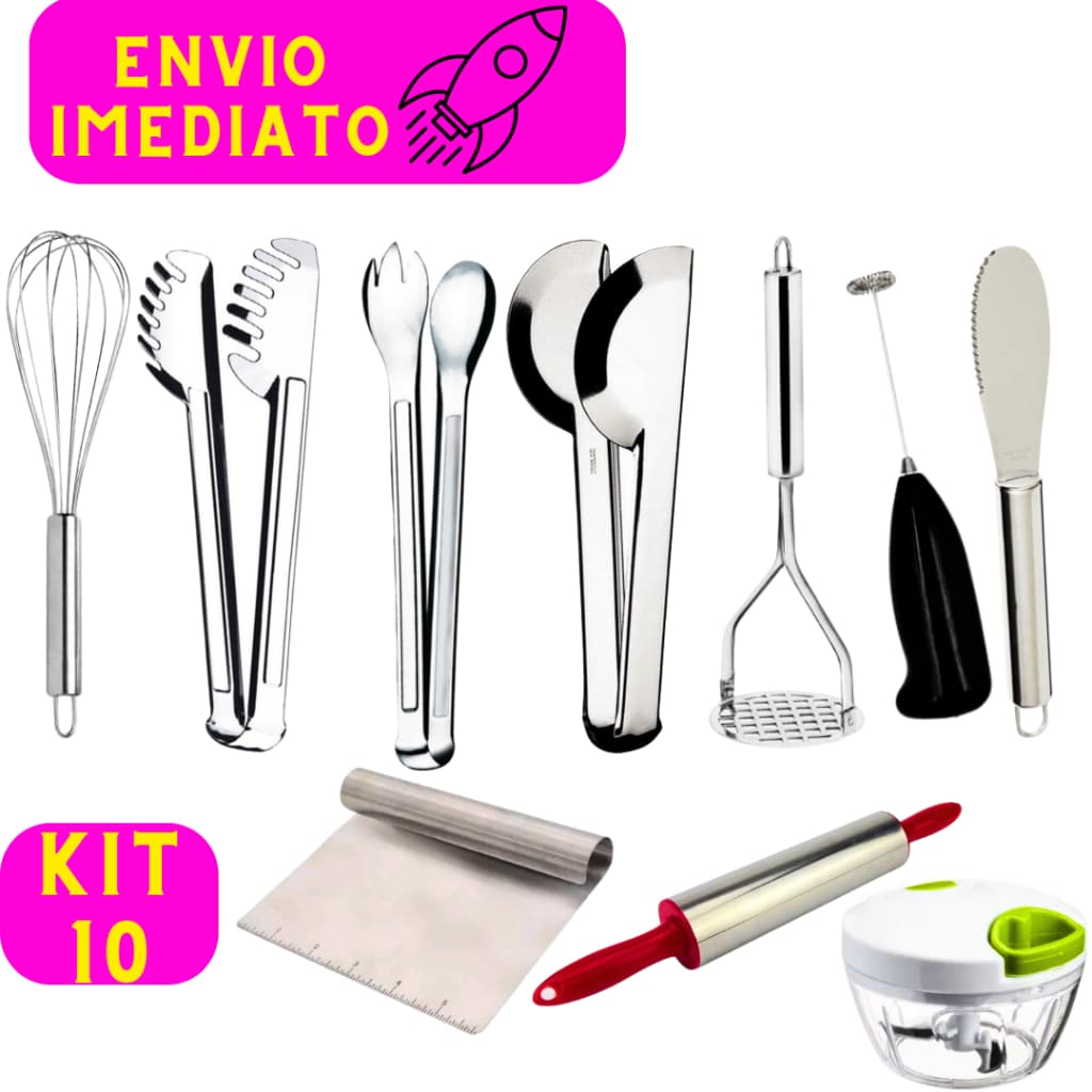 Kit 10 Utensílios de Cozinha 01 Fuê 01 Pegador de Massas 01 Pegador de Salada 01 Pegador Universal