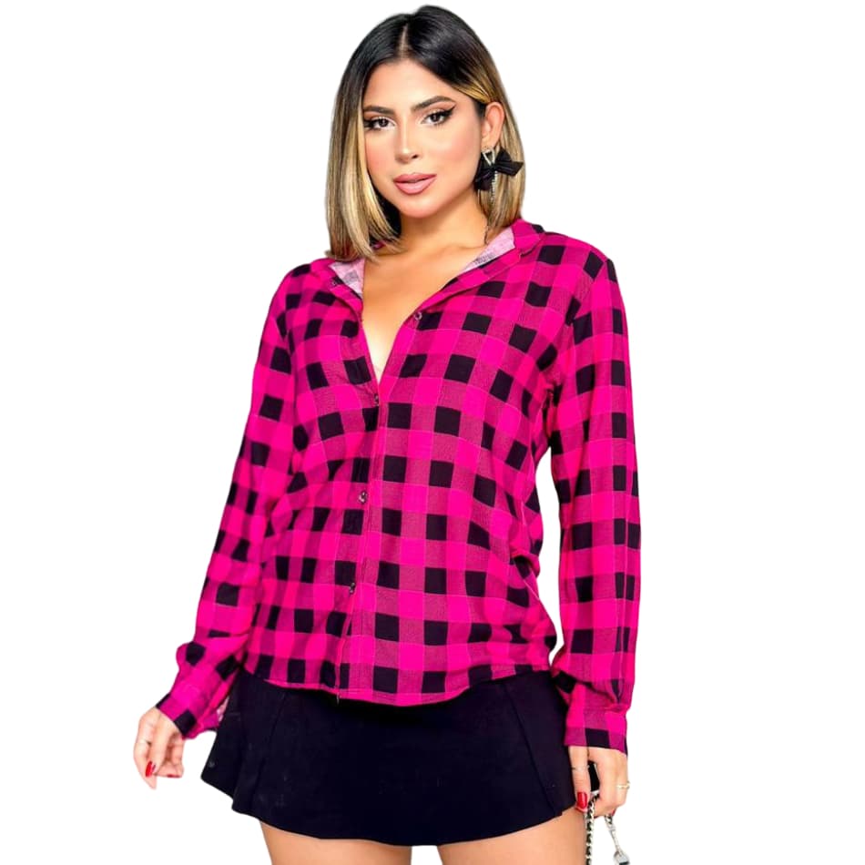 Camisa Feminina Festa Junina Blusa Xadrez Manga Longa