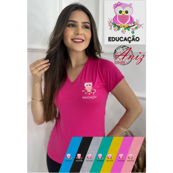 Camiseta  Blusa Feminina Educação Bordado Coruja Baby Look Uniforme Confortável Escolar