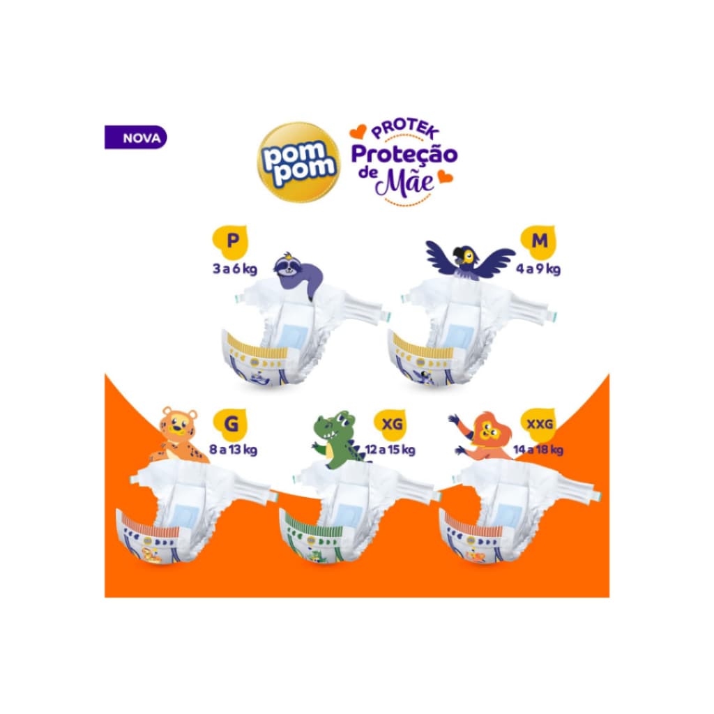 Kit 2 Pacotes Fralda Pom Pom Derma Protek Hiper 12h Proteção Conforto Seco Bebê