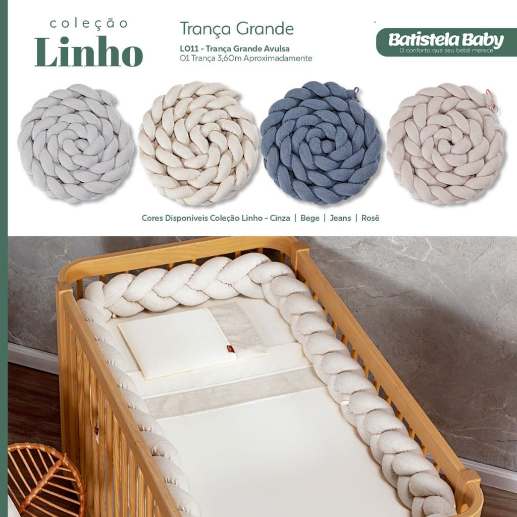 Trança de Berço Americano Linho Premium 100% Algodão Protetor Bebê Batistela Baby 3,60m