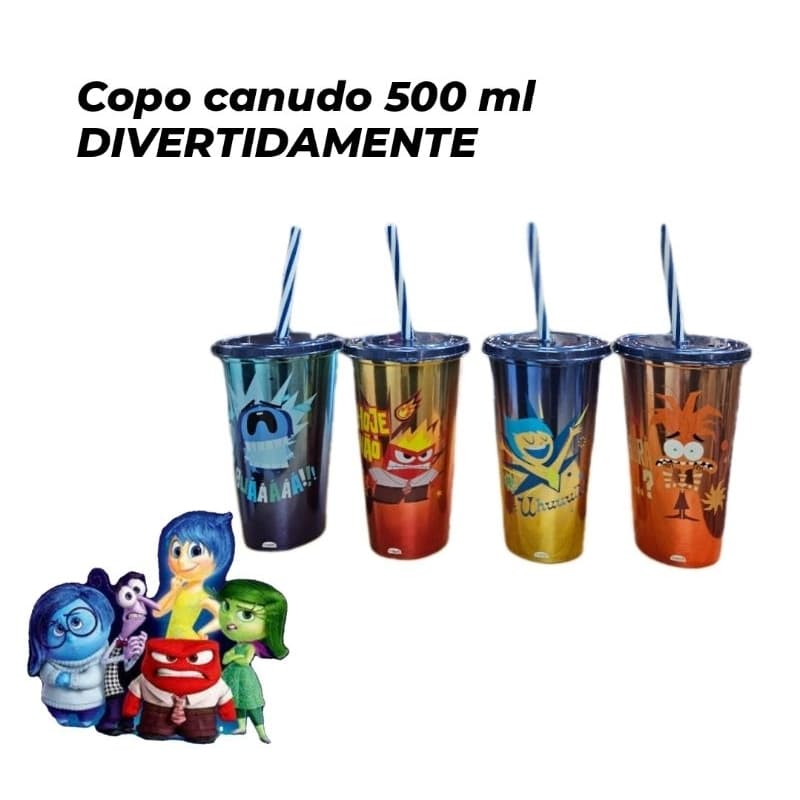 Copo divertidamente  plástico metalizado com canudo  500ml Plasútil