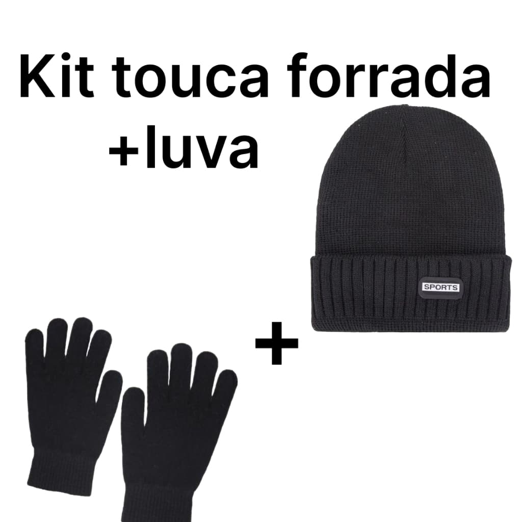 Kit Touca Forrada Sport + Luva Adulto Unissex Básica Lã Preta Inverno
