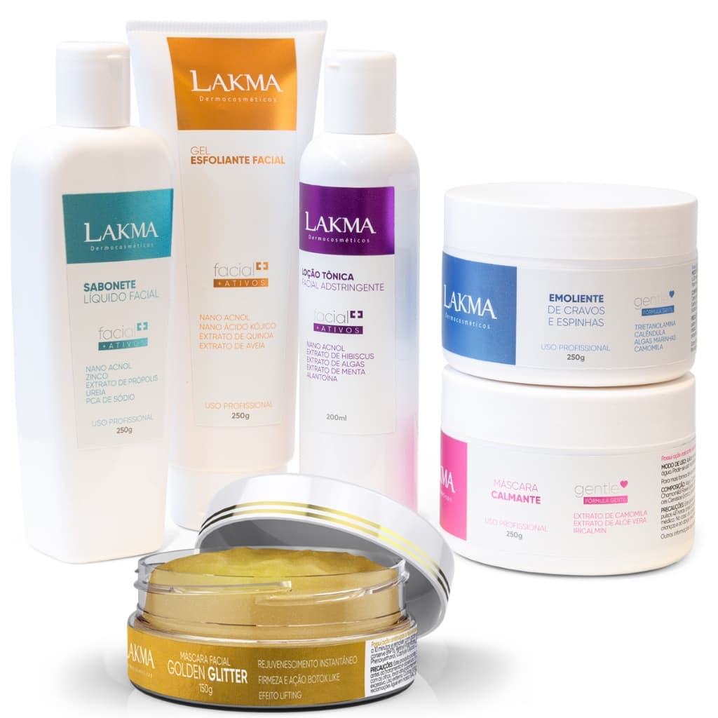 Kit Lakma: Limpeza De Pele Profunda Profissional 5 Itens + Máscara Facial Ouro Golden Glitter 150g