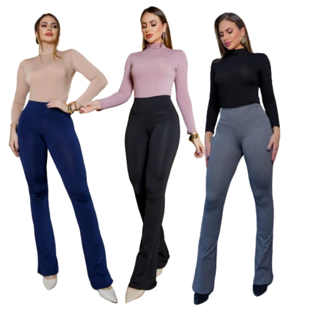 Kit 3 Calça Flare Bailarina Suplex Cintura Alta Boca De Sino