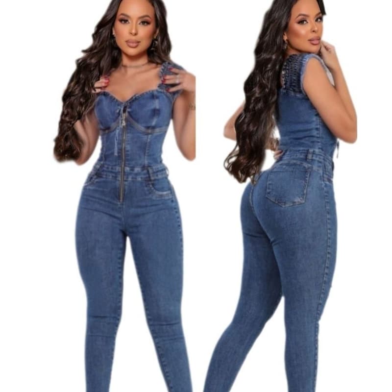 Macacão Jeans Feminino Longo com Laycra Manga desfiada