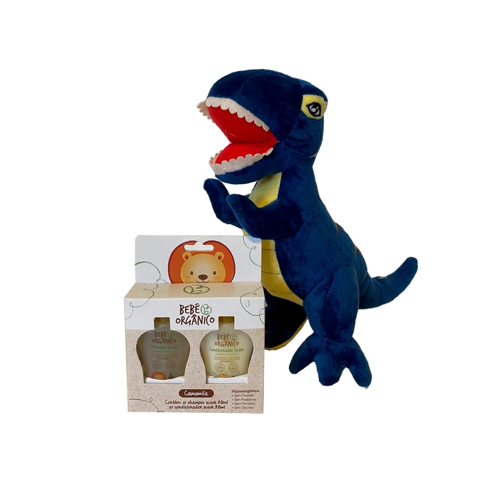 Pelúcia de dinossauro + Kit shampoo e condicionador
