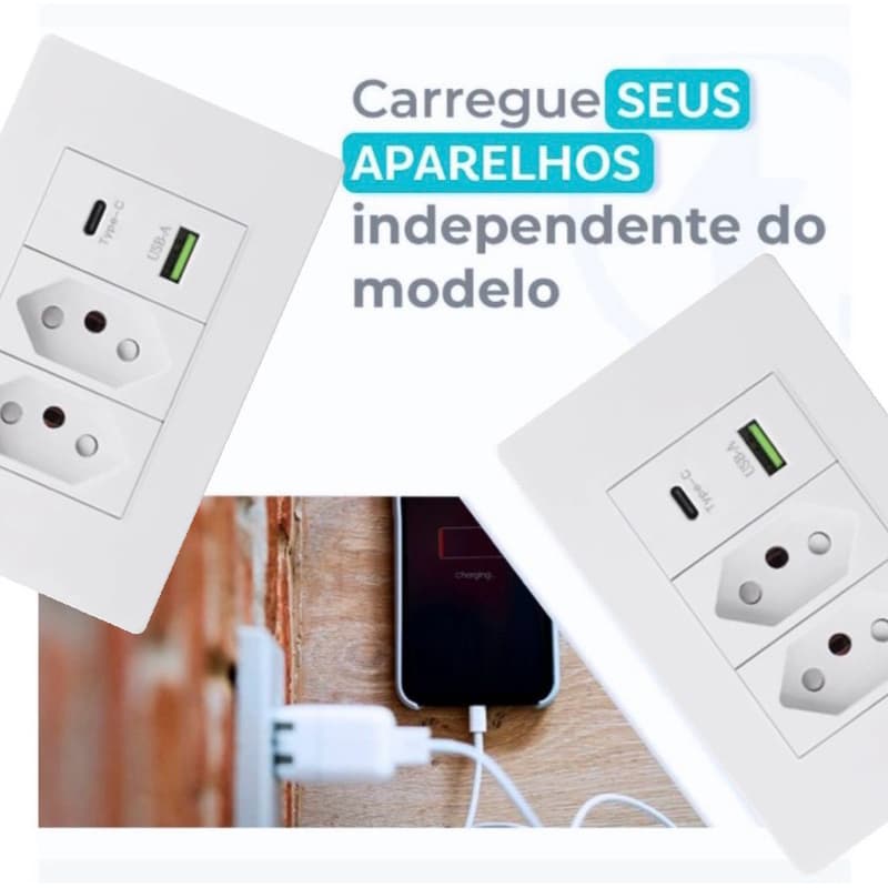 Tomada de Parede Dupla Com Usb e tipo C 4 em 1 Multi Carregamento