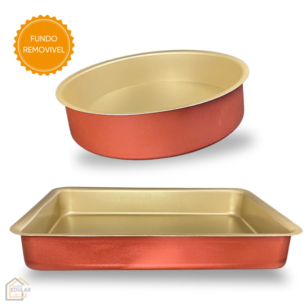 Kit Forma Assadeira Redonda Fundo Removível e Assadeira Retangular Alta Antiaderente Cor Cereja Gold