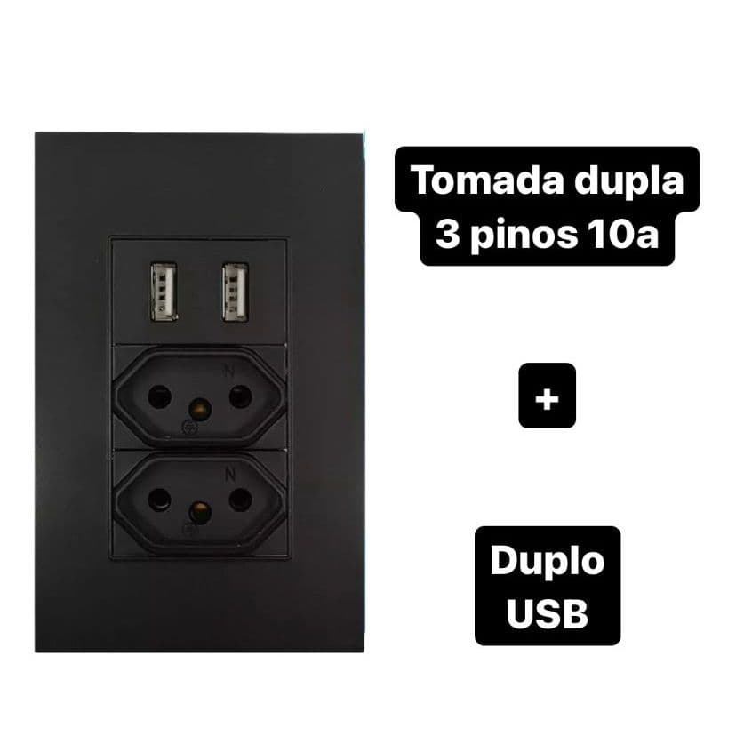 Tomada Dupla 3 Pinos Entrada Usb DUO PRETA LINHA PREMIUM 5V Bivolt - 4em1 Carregamento Rápido