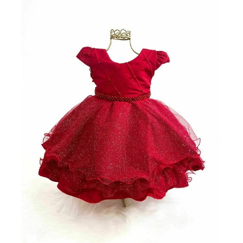 Vestido Vermelho Festa Infantil Casamento Bebê Saia com Brilho