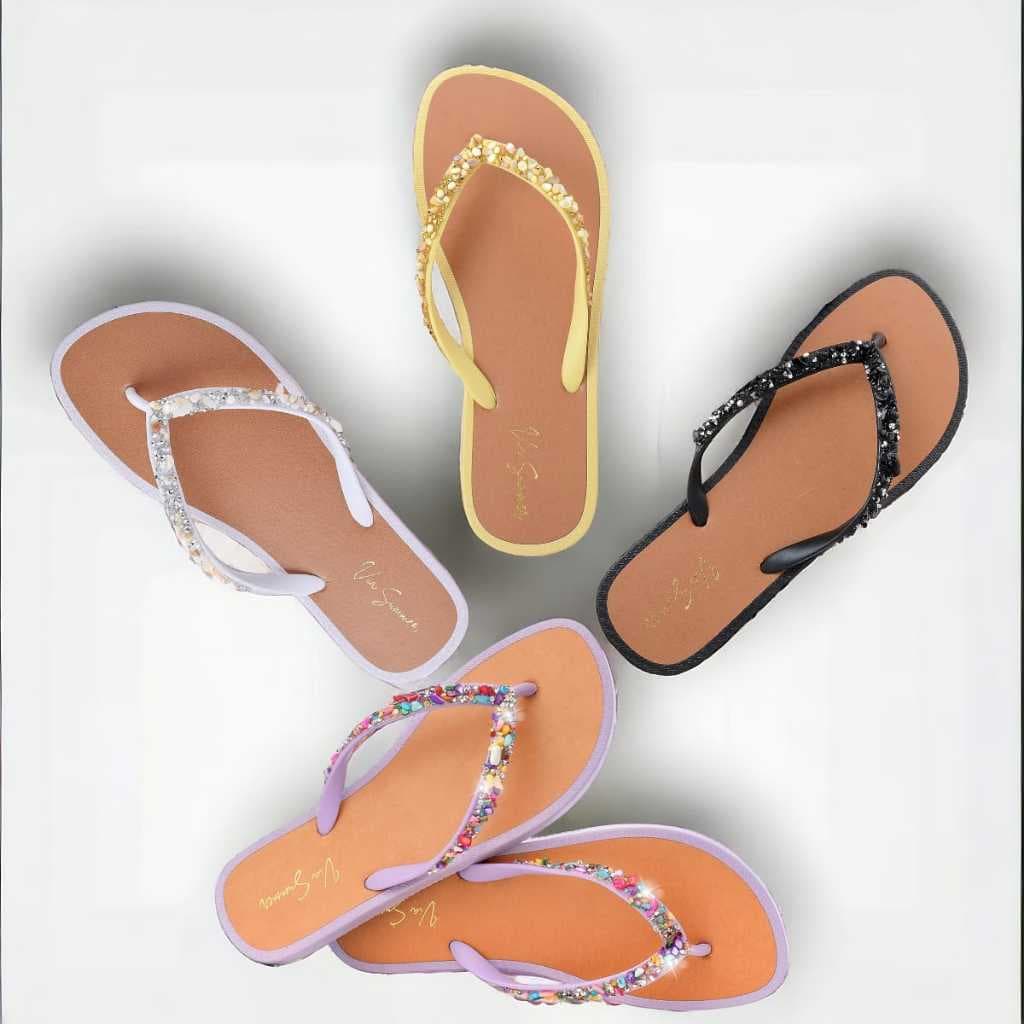 Sandália Feminina Rasteirinha Bico Redondo Pérola Pedraria Via Summer chinelo de Dedo Casual Verão