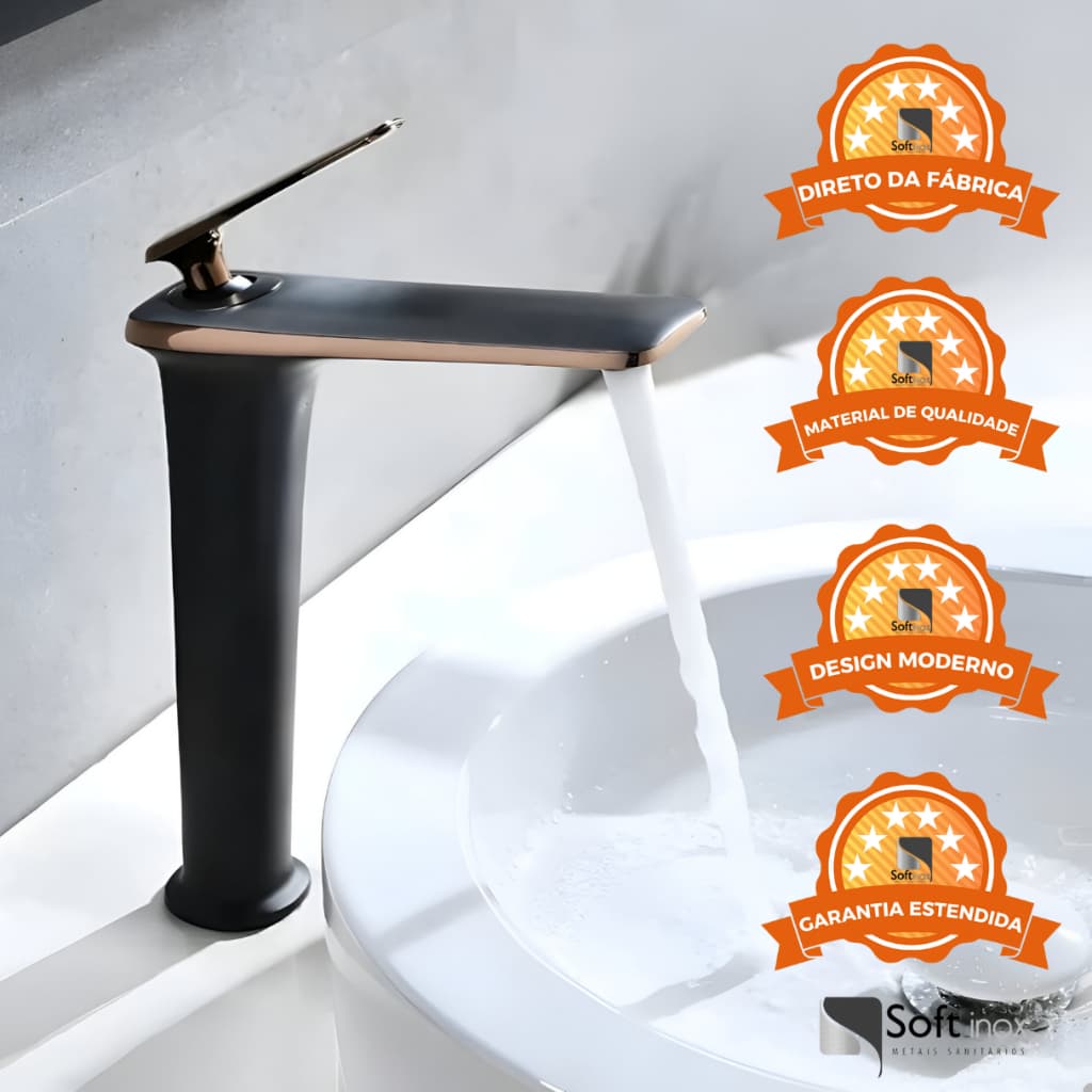 Torneira Monocomando Misturador Lavatório Bica Alta Petra Preto/Rose Luxo