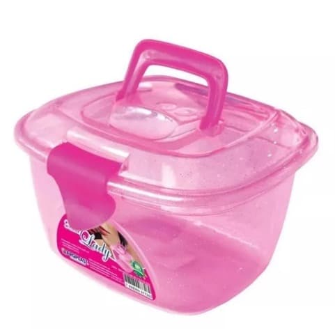 Mini Maleta Box Rosa Com Glitter Alça E Trava Casa Organizadora Para Maquiagens Acessórios Bijuterias Artigos Diversos Barato Opção Para Presente