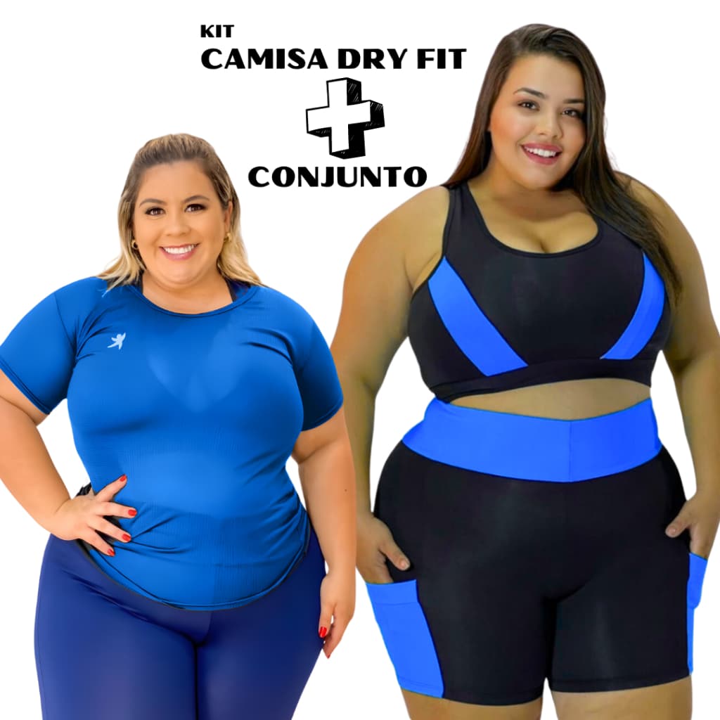 Kit Fitness Plus Size GG ao EXGG Camisa Dry fit + Conjunto c/ bolso Academia treino Curves Feminino