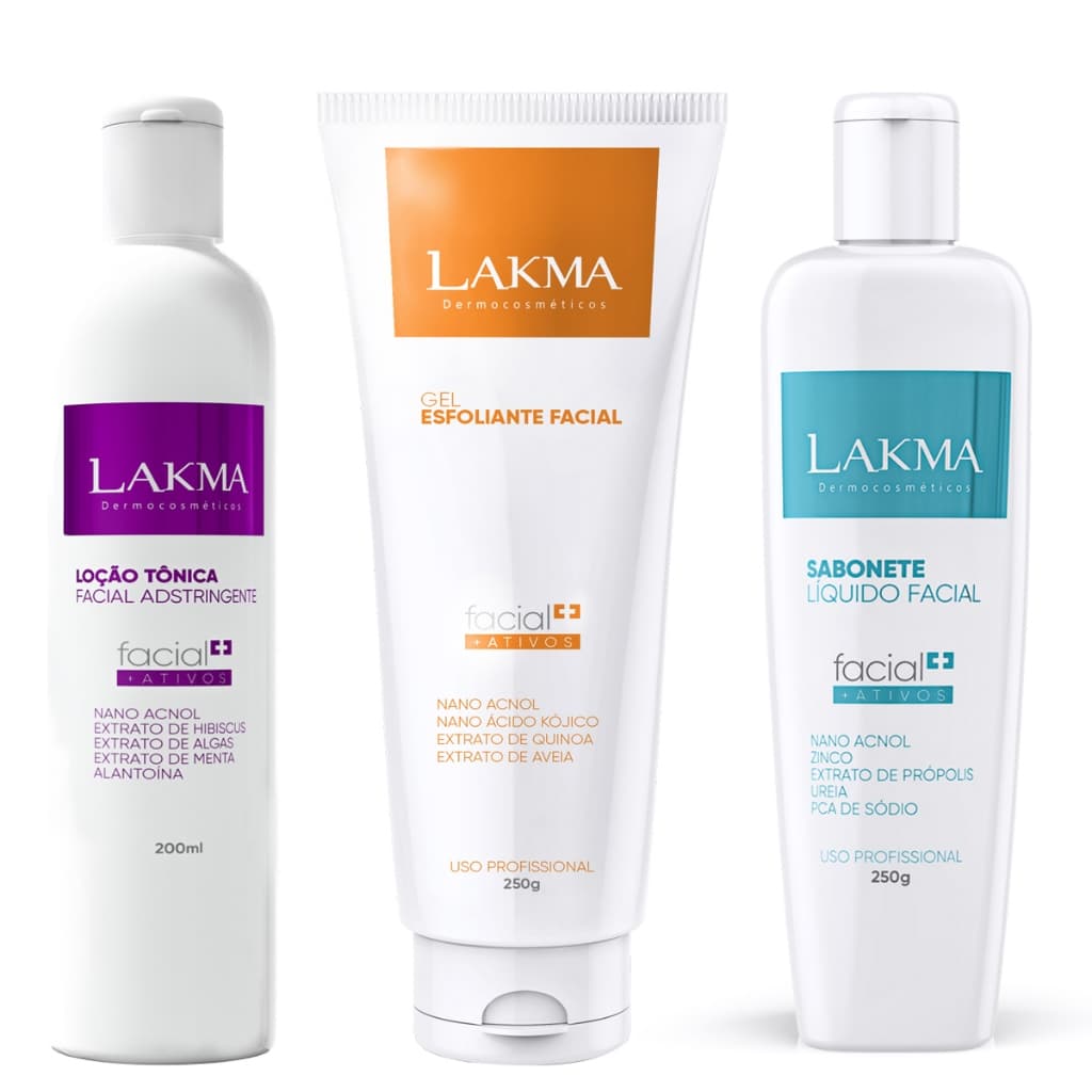 Kit Lakma Limpeza Facial: Sabonete 250ml + Loção Tônica 200ml + Esfoliante 250g