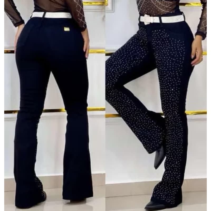 Calça Country Flare Feminina Preta Com Strass Cintura Alta Brilho Com lycra