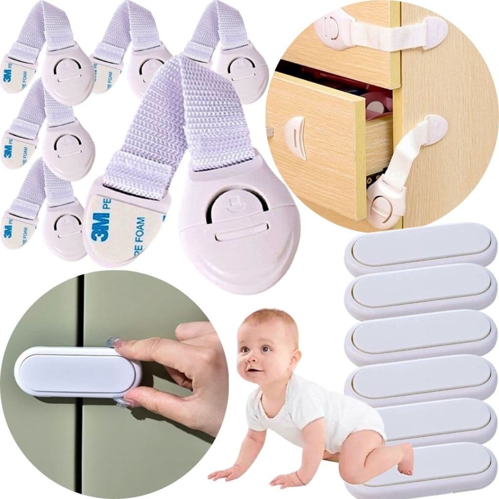 Kit 6 Tranca De Porta Armário + 6 Trava Gaveta Balcão Segurança Bebê Fechadura Adesiva