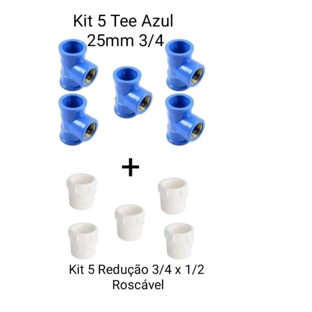 KIT 5 Tee Azul Soldável 25mm Rosca bucha Latão 3/4 + 5 Redução 3/4 x 1/2 Roscável