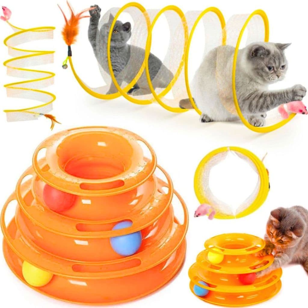 Kit Brinquedos Para Gato Interativo Torre Bola Mola Túnel Espiral Flexível Sisal Divertido